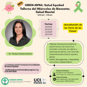 beige flyer highlighting mental health classes with a green and pink rectangles