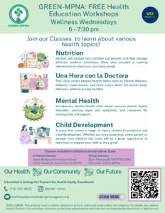 flyer with green header and footer with icons related to health and a purple banner with Zoom login information