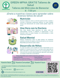 flyer with green header and footer with icons related to health and a purple banner with Zoom log in information
